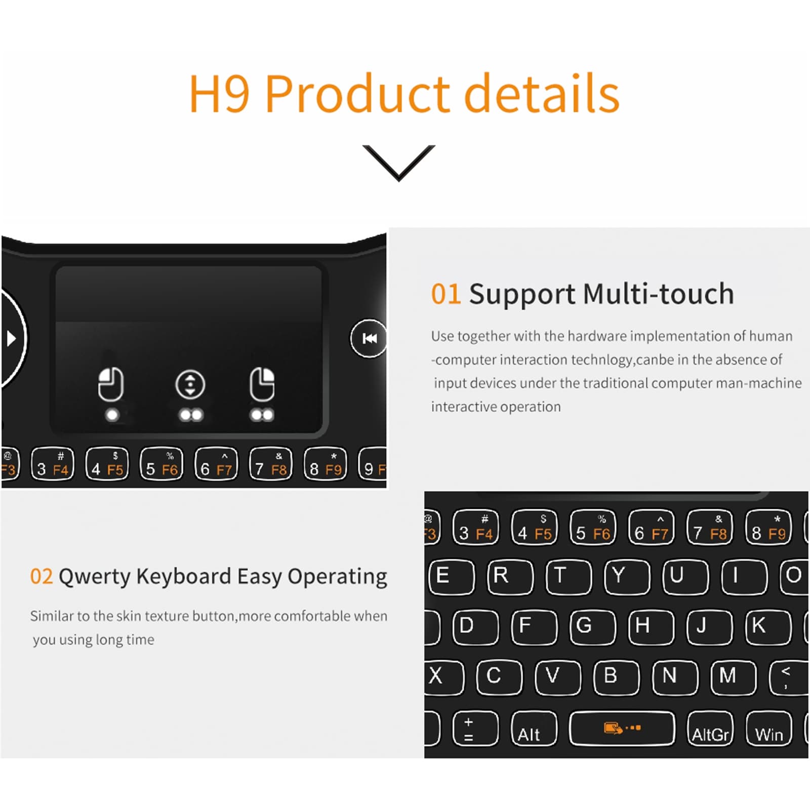 H9 2.4GHz Mini Wireless Air Mouse QWERTY Keyboard with White Backlight & Touchpad for PC — detail 4