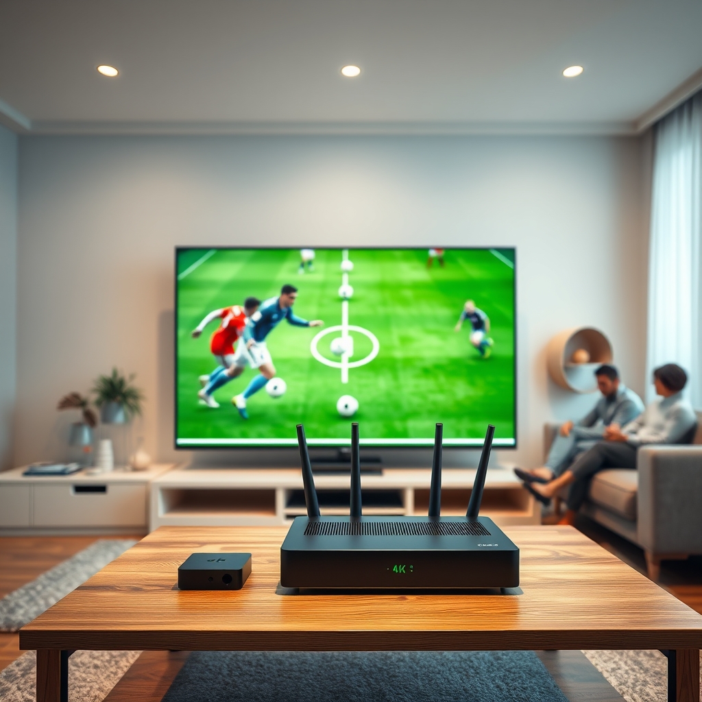 A 4K TV screen showing a sports game with a fast internet router in the background, representing the main keyword 4K streaming A 4K TV screen showing a sports game with a fast internet router in the background, representing the main keyword 4K streaming