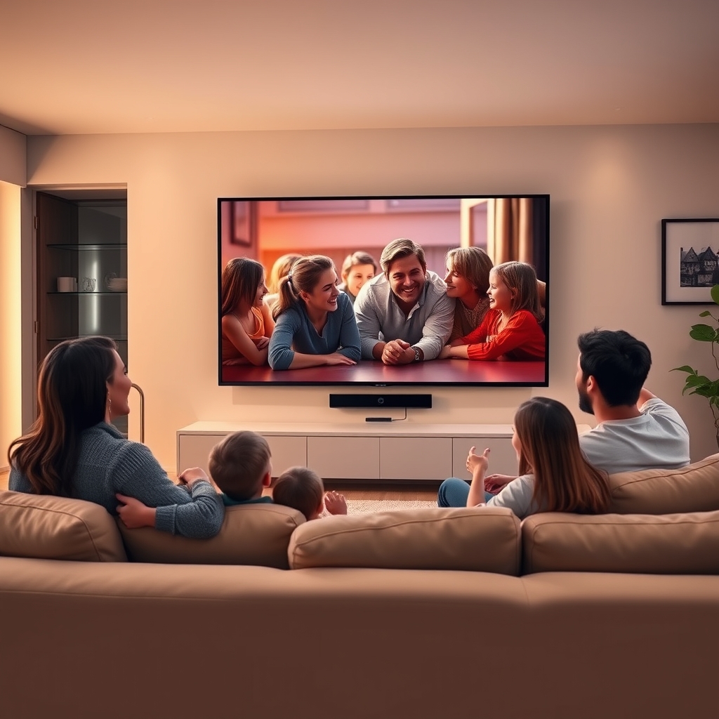 Eine Familie schaut gemeinsam TV mit einem 4K-IPTV-Streaming-Gerät Eine Familie schaut gemeinsam TV mit einem 4K-IPTV-Streaming-Gerät