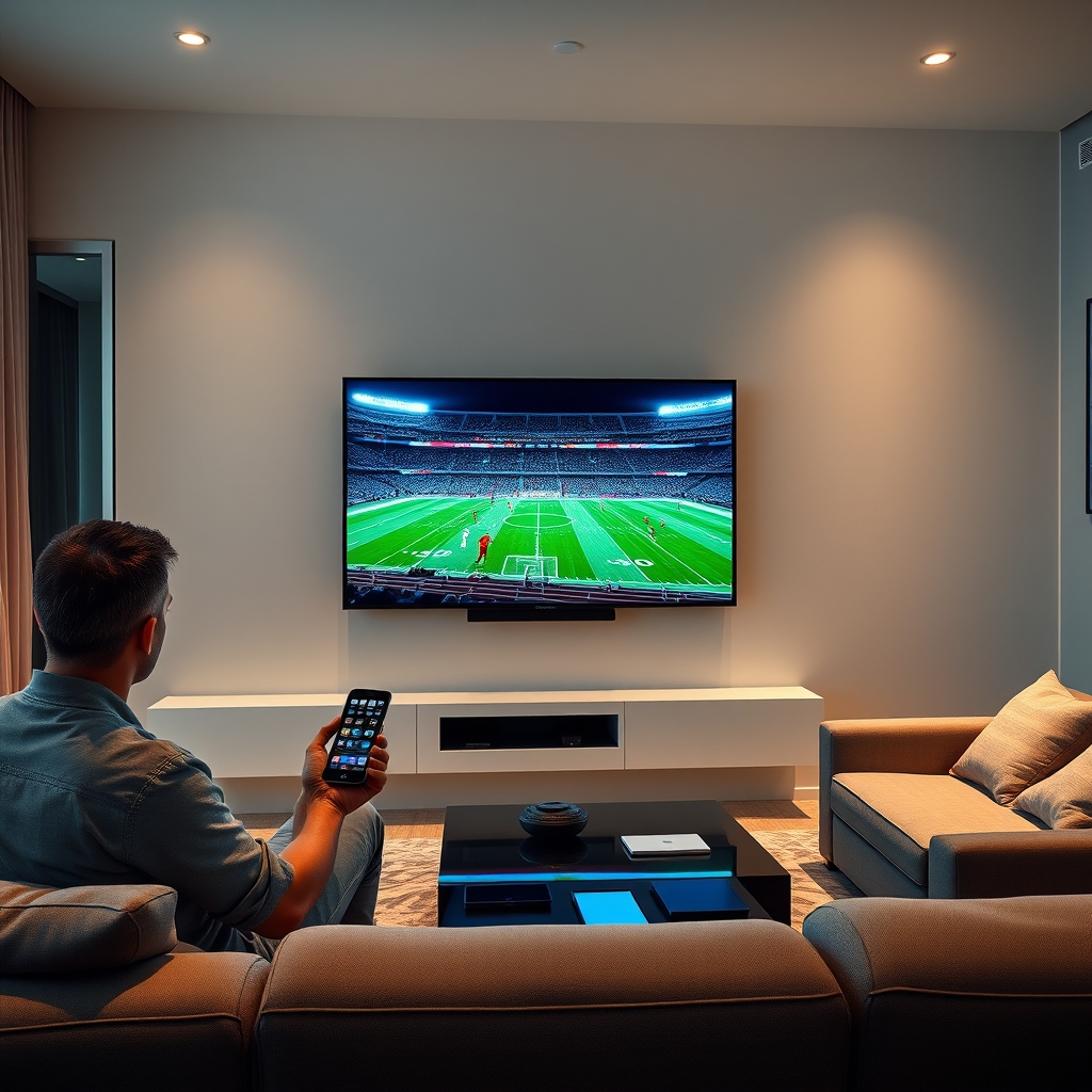 Eine Person hält eine Fernbedienung, während im Hintergrund ein Widescreen-Fernseher mit einem Live-Sportereignis in 4K-Qualität zu sehen ist Eine Person hält eine Fernbedienung, während im Hintergrund ein Widescreen-Fernseher mit einem Live-Sportereignis in 4K-Qualität zu sehen ist