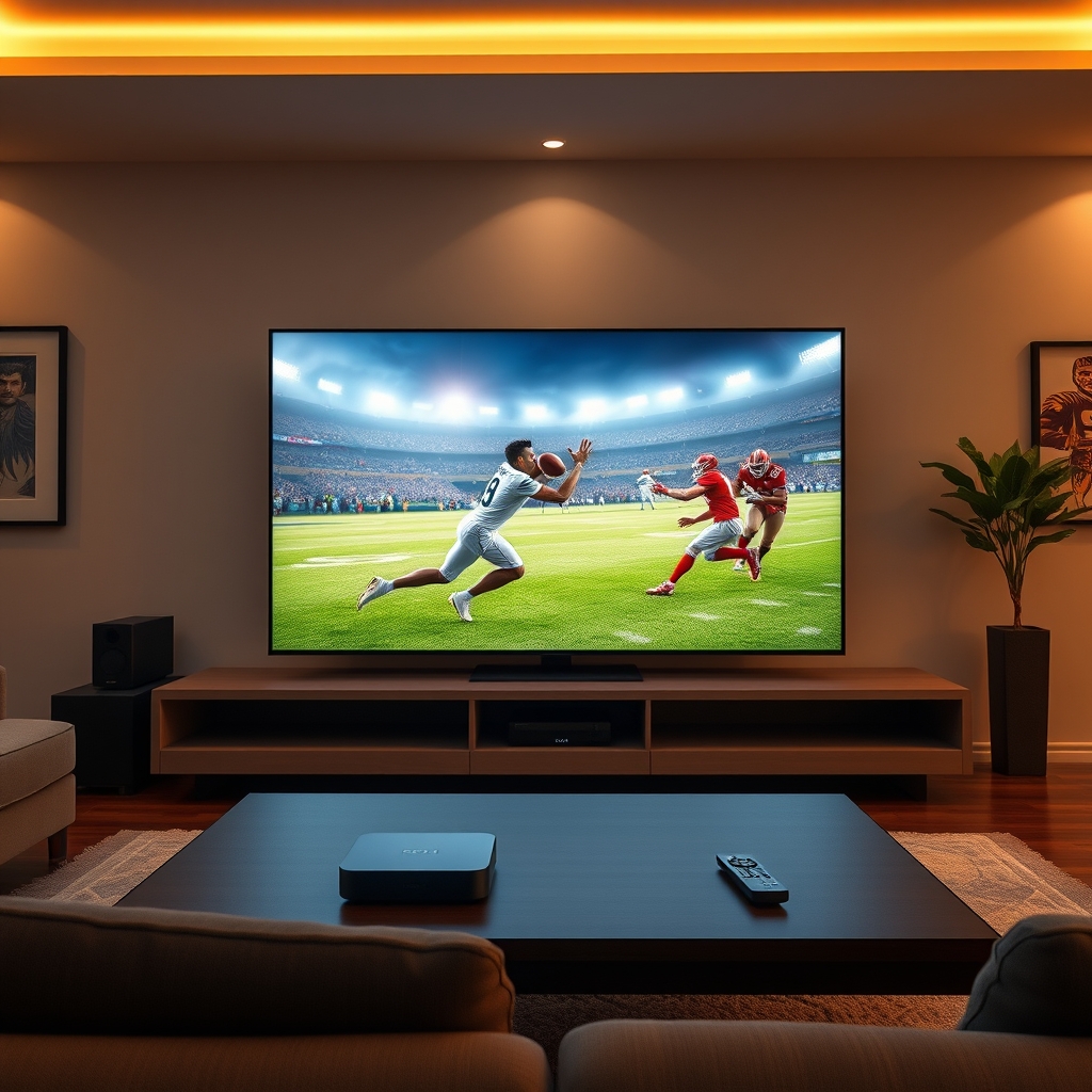 A person watching 4K IPTV on a large smart TV in a modern living room A person watching 4K IPTV on a large smart TV in a modern living room