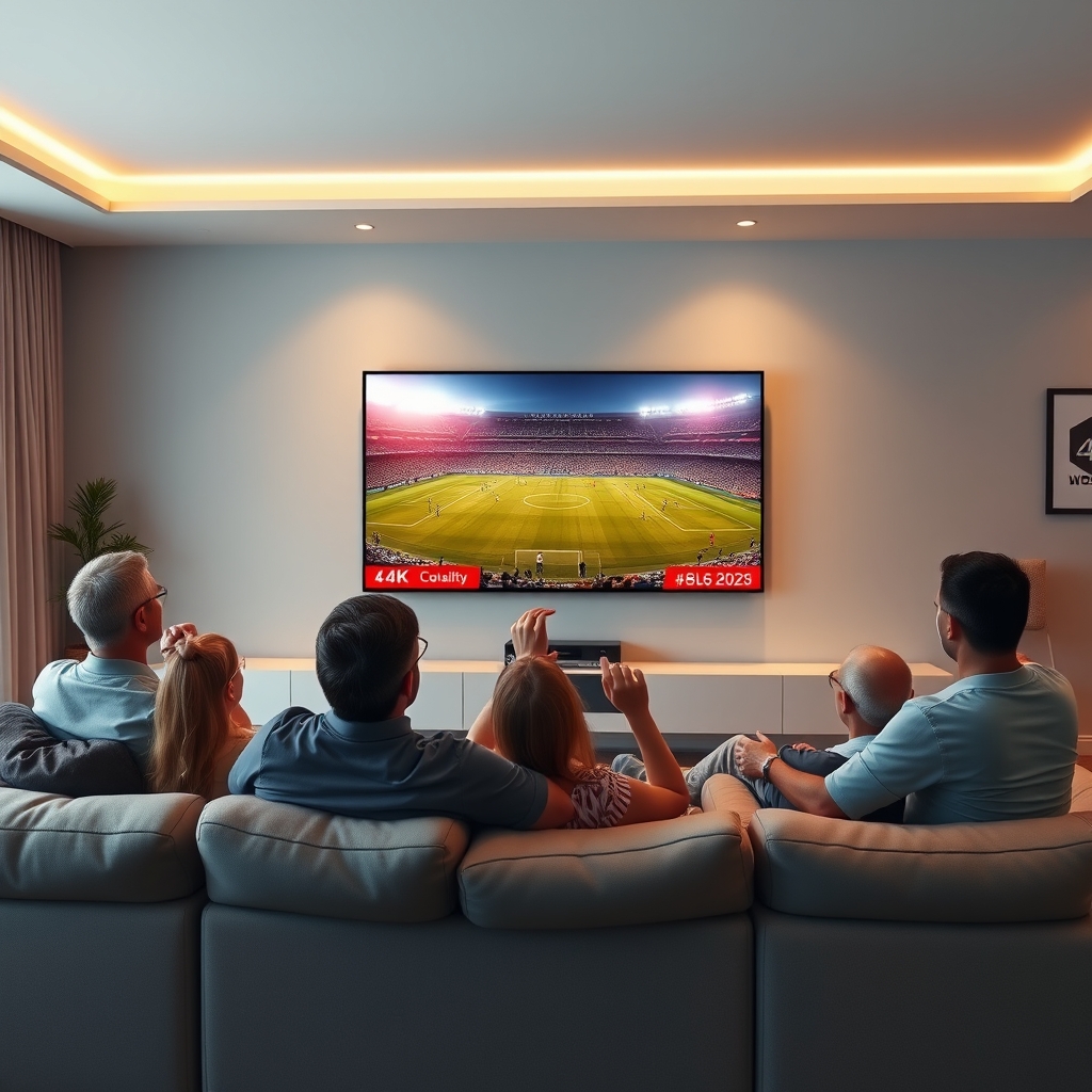 Un salon avec un grand téléviseur 4K diffusant la Coupe du monde 2026 via BoxTV Stream