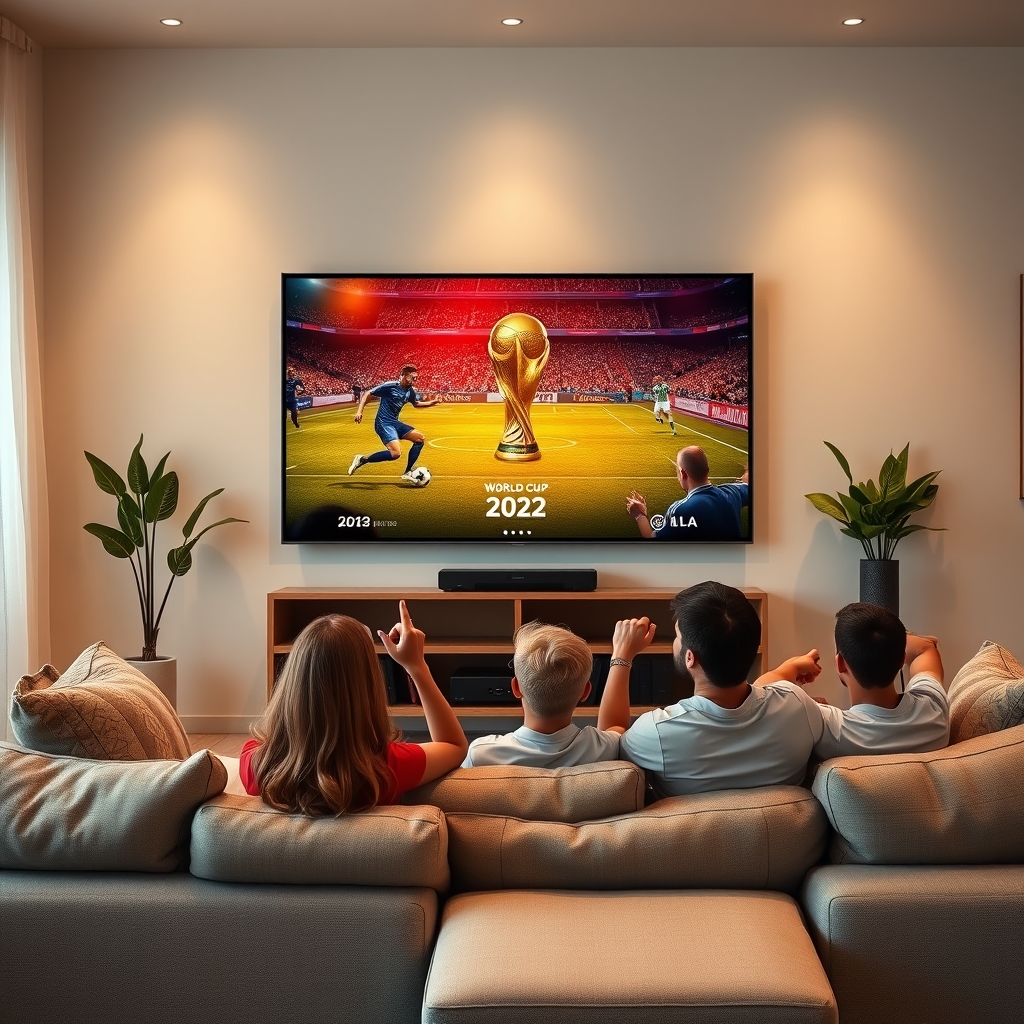 Uma sala de estar com uma TV 4K grande transmitindo a Copa do Mundo 2026 via BoxTV Stream IPTV Uma sala de estar com uma TV 4K grande transmitindo a Copa do Mundo 2026 via BoxTV Stream IPTV