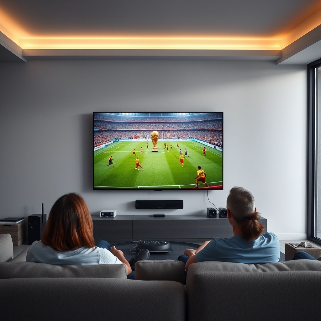 Un salon avec un grand téléviseur 4K diffusant la Coupe du monde