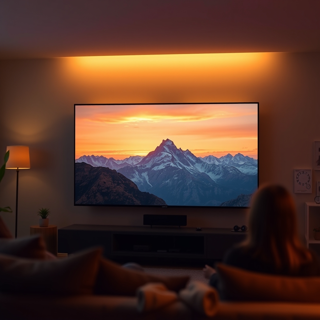 Человек смотрит документальный фильм о путешествиях на 4K-телевизоре с потрясающим пейзажем на заднем плане Человек смотрит документальный фильм о путешествиях на 4K-телевизоре с потрясающим пейзажем на заднем плане