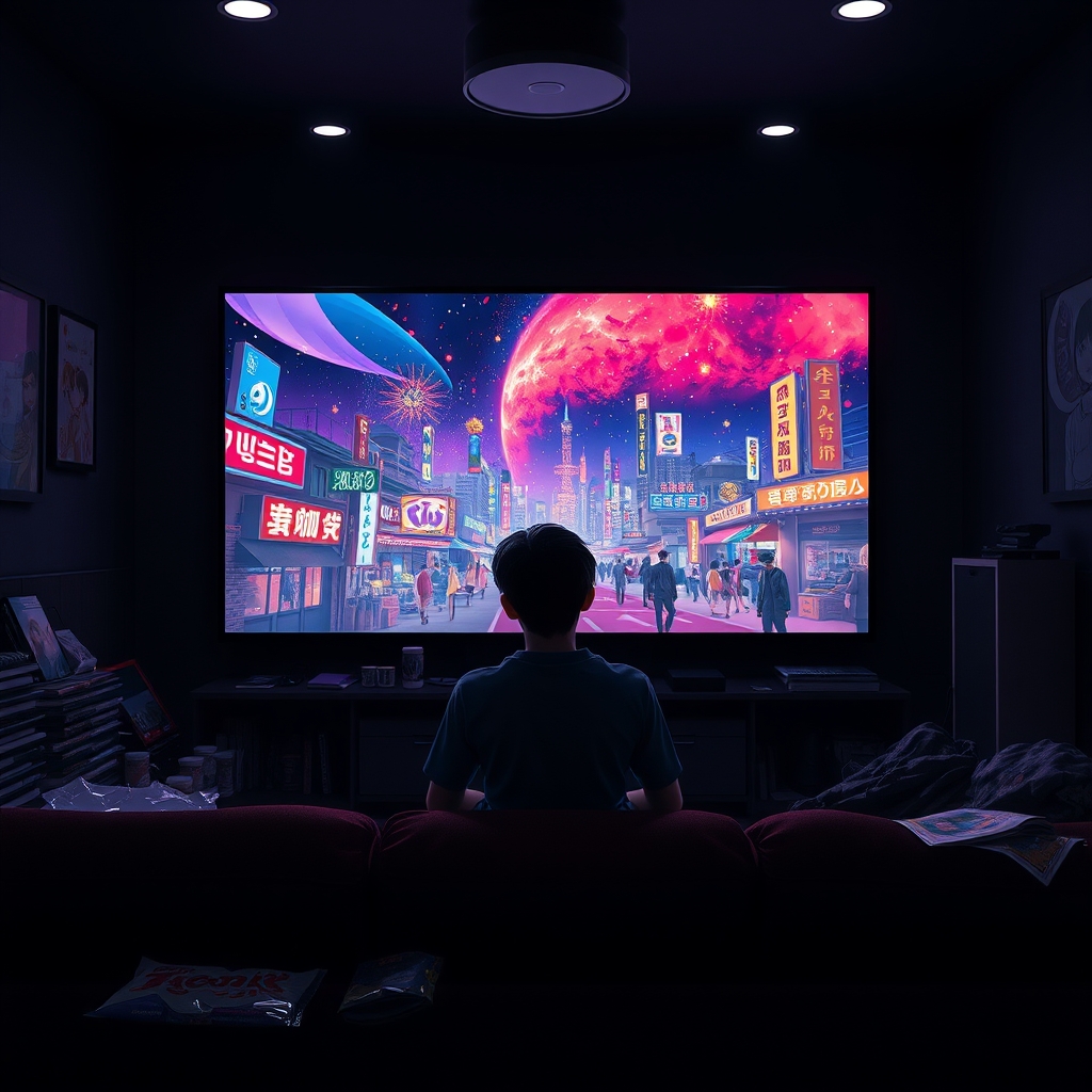 Una persona viendo anime en 4K en una pantalla de TV grande con BoxTV Stream Una persona viendo anime en 4K en una pantalla de TV grande con BoxTV Stream