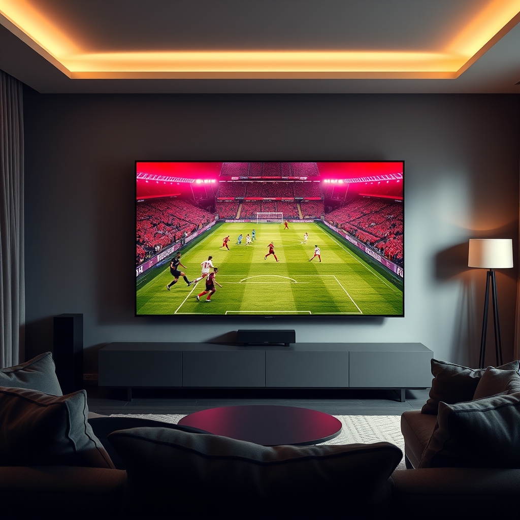 Un téléviseur écran large affichant un match de Bundesliga en 4K avec un fond de stade, via BoxTV Stream IPTV Un téléviseur écran large affichant un match de Bundesliga en 4K avec un fond de stade, via BoxTV Stream IPTV