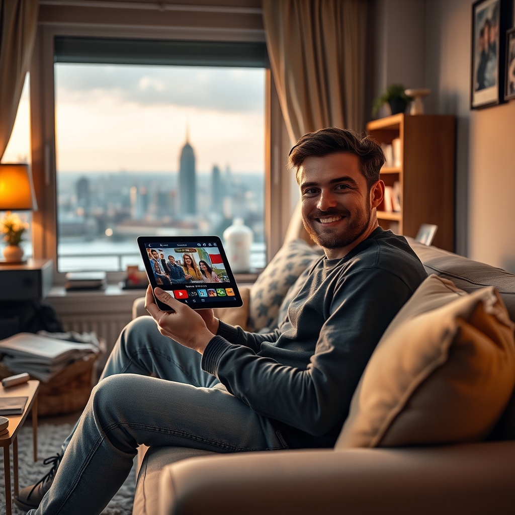 Een persoon die naar de TV-zenders van zijn thuisland kijkt op een tablet in het buitenland Een persoon die naar de TV-zenders van zijn thuisland kijkt op een tablet in het buitenland